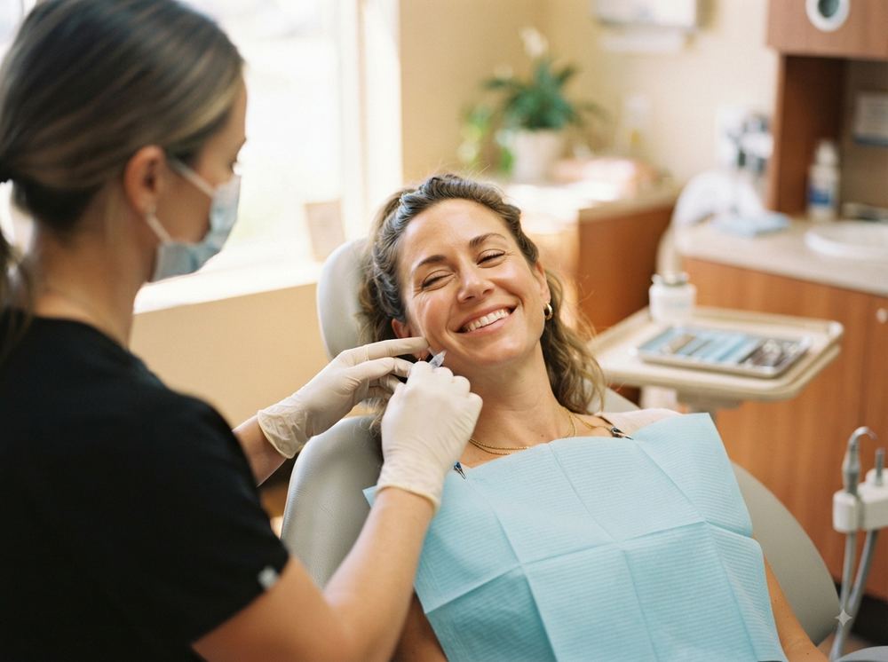 Paciente recibiendo tratamiento de estética facial, feliz y relajada