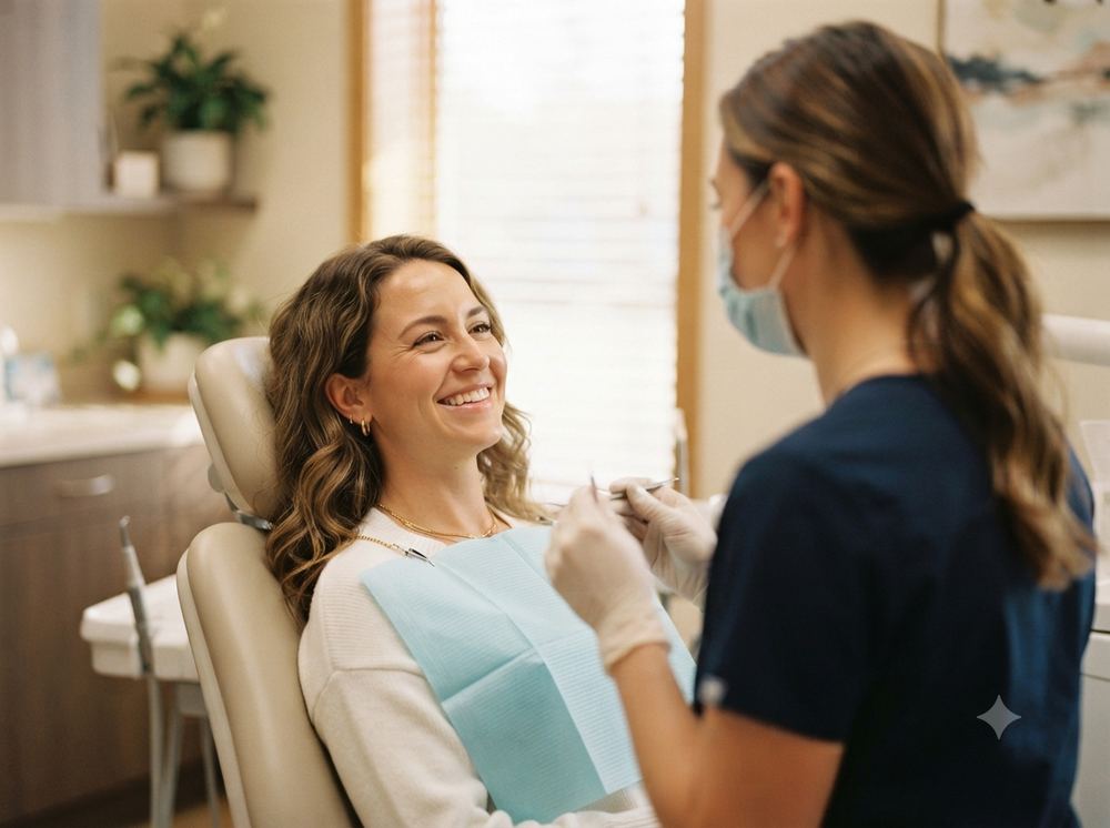 Paciente recibiendo tratamiento de odontología general, feliz y relajada